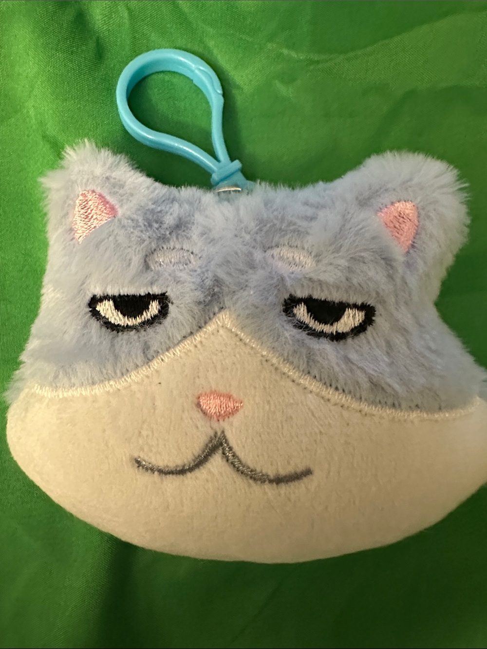 Plush Cat Face Keychain Clip - Light Blue and Cream - Picture 1 of 1